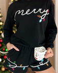 MERRY Sequin Round Neck Long Sleeve Top and Shorts Set