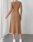 Square Neck Long Sleeve Midi Wrap Dress