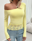 Tan Single Shoulder Long Sleeve Lace T-Shirt