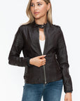 Snobbish PU Leather Biker Jacket with Side Zip Pockets