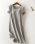 Light Gray Striped Round Neck Short Sleeve Dress Sentient Beauty Fashions Apaparel & Accessories
