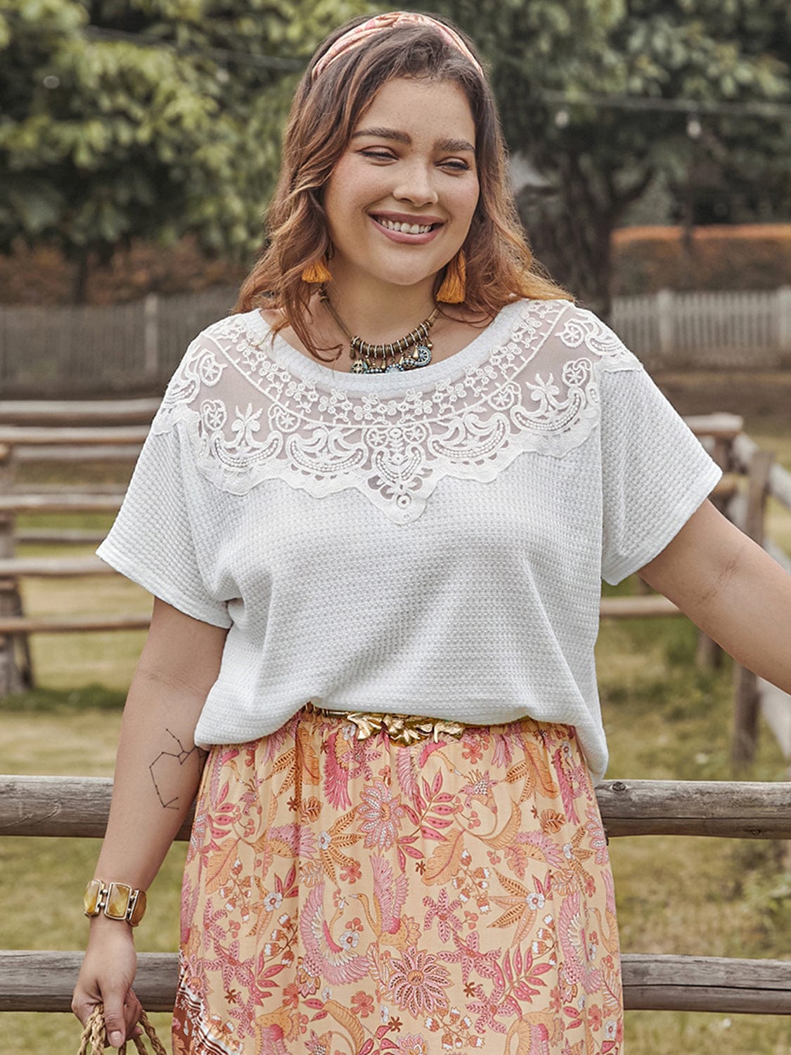 Rosy Brown Plus Size Lace Detail Round Neck Short Sleeve Top