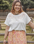 Rosy Brown Plus Size Lace Detail Round Neck Short Sleeve Top