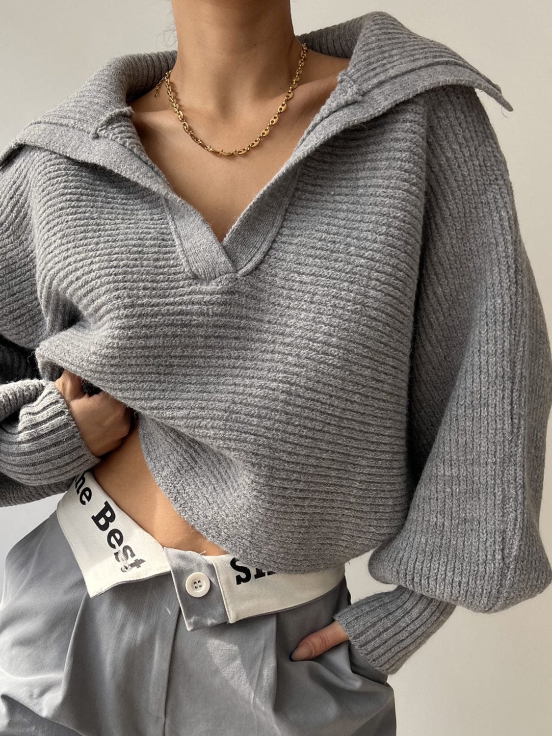 Dim Gray Johnny Collar Long Sleeve Sweater