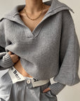 Dim Gray Johnny Collar Long Sleeve Sweater