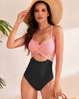 Wheat Crisscross Cutout V-Neck One-Piece Swimwear Sentient Beauty Fashions Swimwear