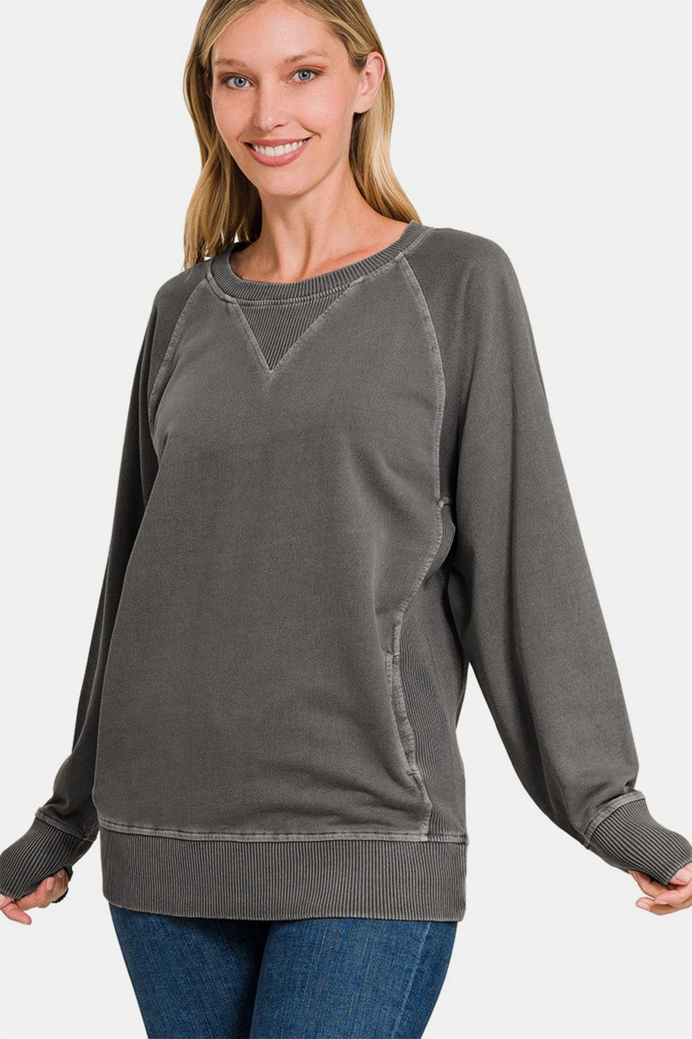 Dim Gray Zenana Round Neck Long Sleeve Sweatshirt