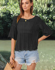 Dark Slate Gray Openwork Round Neck Half Sleeve Knit Top