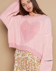 POL Round Neck Heart Patch Zipper Point Sleeve Sweater