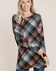 BOMBOM Plaid Round Neck Long Sleeve Knit Top