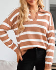 Many Striped Johnny Collar Long Sleeve Sweater