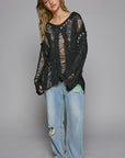 Dark Gray POL Distressed Dropped Shoulder Long Sleeve Knit Top