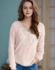 Bow Pearl Detail V-Neck Long Sleeve Sweater