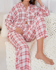 Plaid Collared Neck Long Sleeve Top and Pants Lounge Set