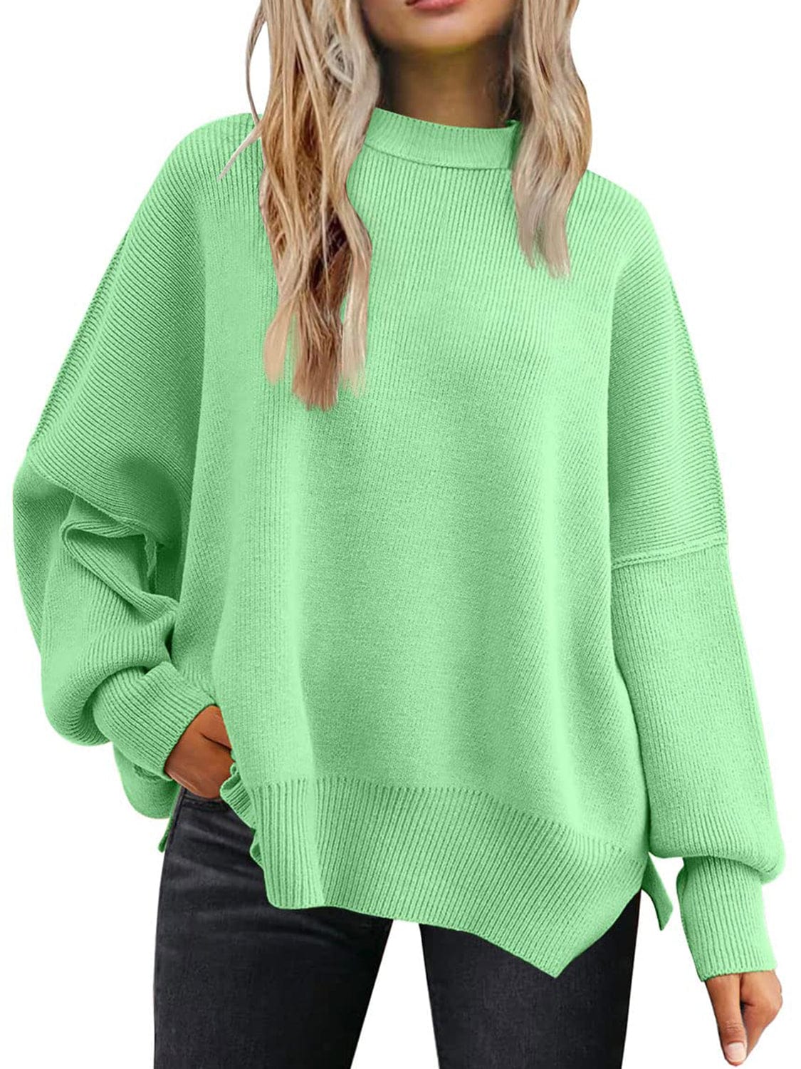 Dark Sea Green Slit Round Neck Dropped Shoulder Sweater