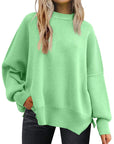 Dark Sea Green Slit Round Neck Dropped Shoulder Sweater