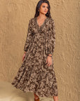 Ruched Printed V-Neck Long Sleeve Midi Dress