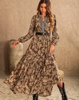 Ruched Printed Notched Long Sleeve Maxi Dress