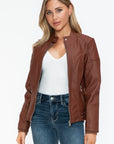 Snobbish Faux Leather Biker Jacket with Side Zip Pockets