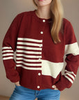 Striped Color Block Round Neck Cardigan