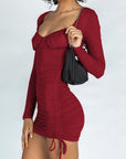 Drawstring Ruched Long Sleeve Mini Dress