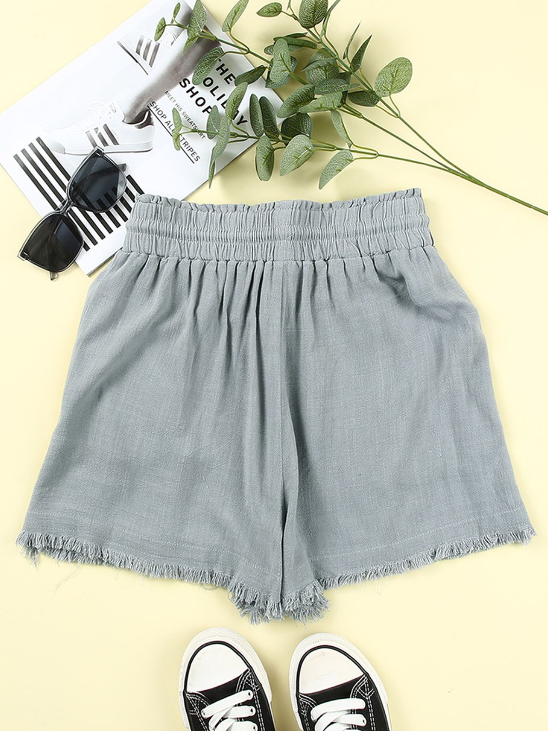 Light Gray Drawstring Raw Hem Shorts with Pockets Sentient Beauty Fashions Apparel & Accessories