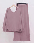 Slit V-Neck Long Sleeve Top and Pants Sweater Set