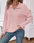 Double Take Striped Half Zip Long Sleeve T-Shirt