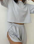 Gray Striped Round Neck Top and Shorts Set Sentient Beauty Fashions Apparel & Accessories