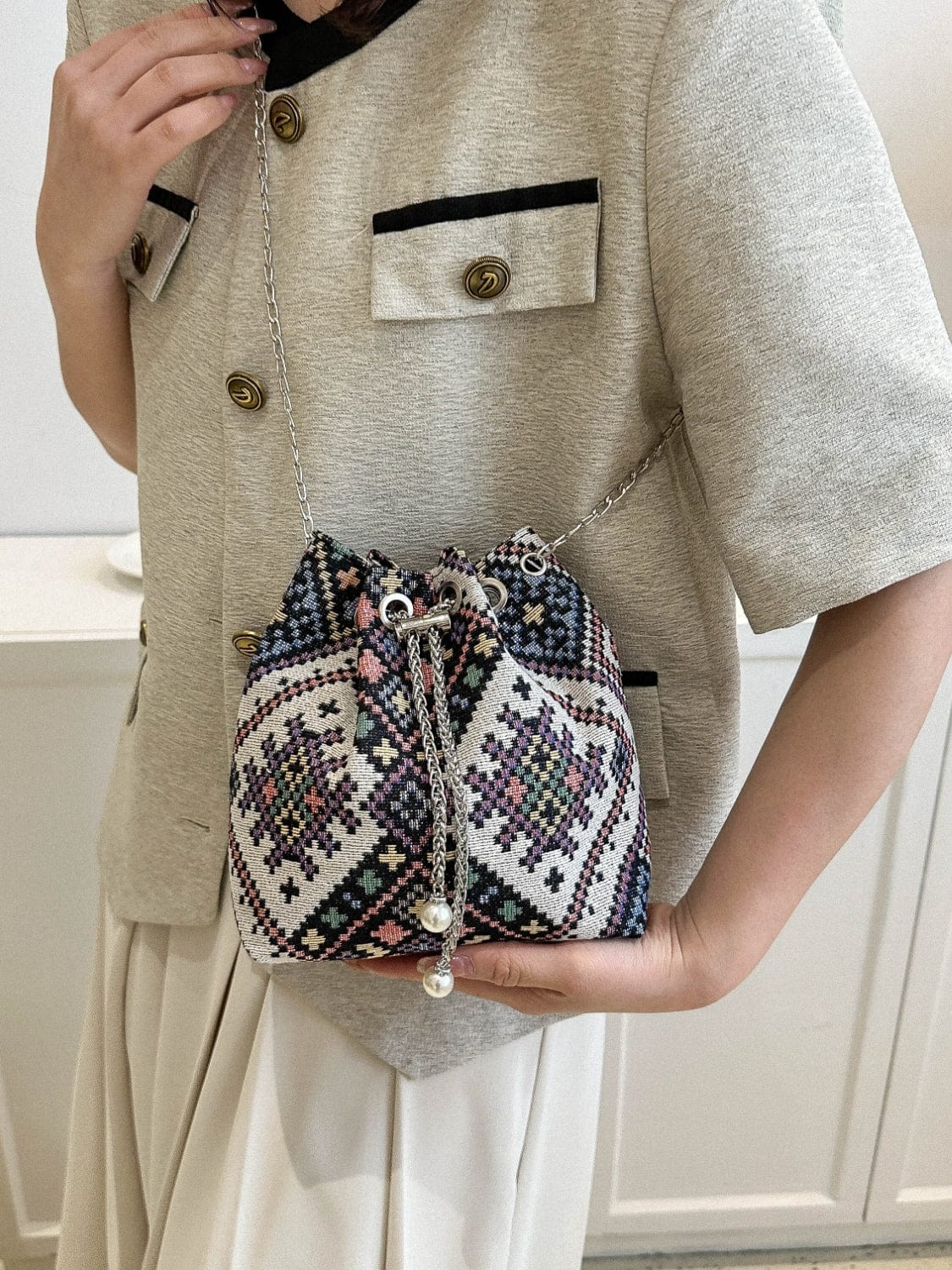 Rosy Brown Printed Chain Bucket Bag