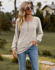 Round Neck Button-Down Long Sleeve Tee