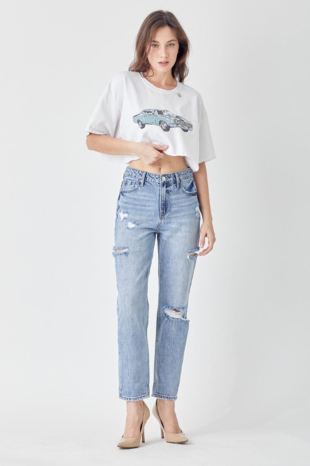 Light Gray RISEN Distressed Slim Cropped Jeans