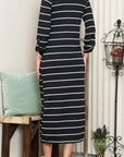 Slit Striped Scoop Neck Long Sleeve Midi Tee Dress