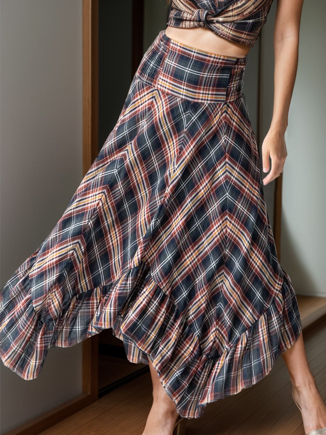 Dark Slate Gray Plaid Asymmetrical Ruffle Hem Skirt