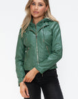 Snobbish Faux Leather Zip Up Drawstring Hooded Jacket