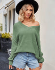 V-Neck Ribbed Dropped Shoulder Knit Top