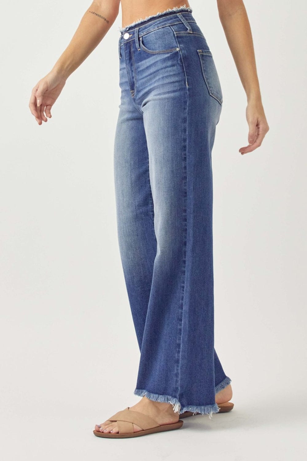 Light Gray RISEN High Waist Raw Hem Wide Leg Jeans