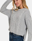 Zenana Cropped High Low Cable Sweater with Side Slits