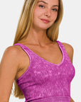 Dark Salmon Zenana Washed Ribbed Cropped V-Neck Tank