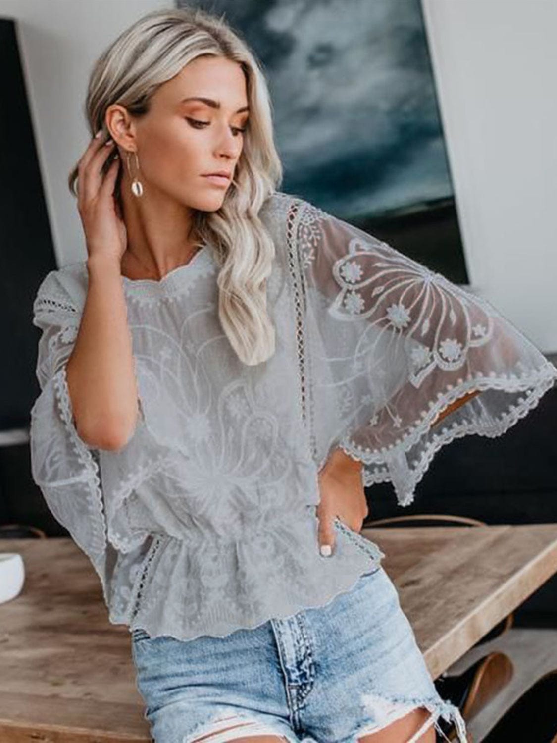 Light Slate Gray Round Neck Three-Quarter Sleeve Blouse