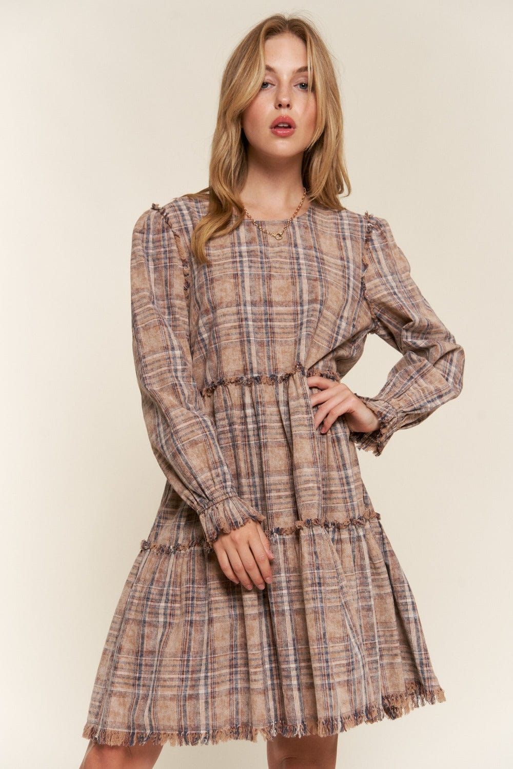 Light Gray And The Why Full Size Washed Frayed Tiered Plaid Dress