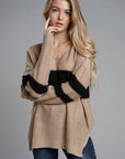 Slit Contrast V-Neck Long Sleeve Sweater