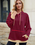 Drawstring Contrast Striped Long Sleeve Hoodie