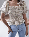 Frill Smocked Square Neck Short Sleeve Blouse