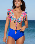 Two-Tone Flutter Sleeve Two-Piece Swimsuit