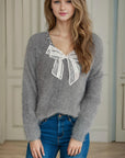 Bow Pearl Detail V-Neck Long Sleeve Sweater