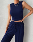 Midnight Blue Mock Neck Sleeveless Top and Drawstring Pants Set