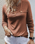 Rosy Brown Half Snap Round Neck Long Sleeve T-Shirt Sentient Beauty Fashions Tops