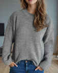 Solid Color Round Neck Long Sleeve Sweater