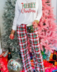 MERRY CHRISTMAS Round Neck Top and Plaid Pants Set